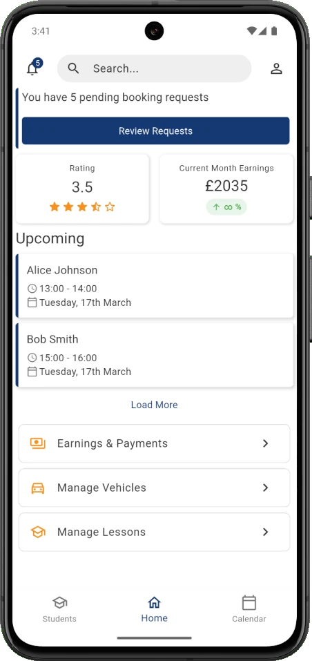 Driving Instructor Dashboard App Screen